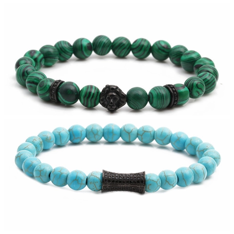 Pulsera Cuentas Hombre Malaquita Turquesa Cabeza León Acero Inoxidable Cobre Circón Moda Hecho A Mano Joyería