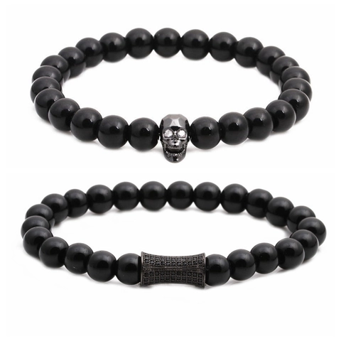 Beaded Bracelet And Skull Charm Bracelet Natural Stone Micro Pave Zirconia Hip Hop Trendy Jewelry For Men