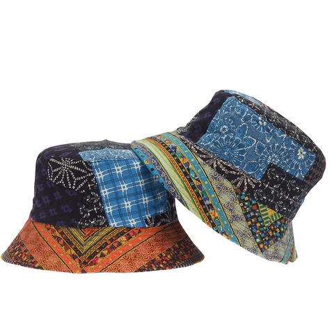 Καπέλο Bucket Διπλής Όψης Patchwork Σουέτ Ύφασμα Boho Ethnic Στυλ Προστασία Από Τον Ήλιο Πτυσσόμενο Για Άνδρες Γυναίκες