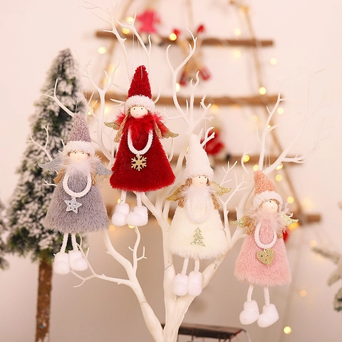 Addobbi Natalizi Appesi Bambola Ragazza Angelo di Peluche Con Ali di Paillettes Stella Fiocco di Neve Cuore Ciondoli per Albero di Natale Casa