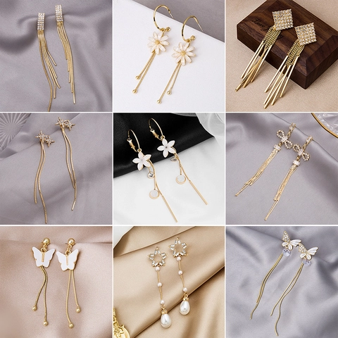 Long Tassel Drop Earrings Alloy Rhinestone Artificial Pearl Elegant Dangle Jewelry For Women Silver Earring Post Fashion Trendy