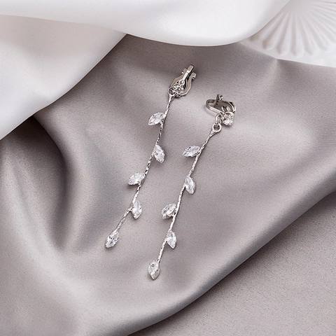 Eleganti Clip Per Orecchie A Nappa Lunga A Forma Di Foglia Lega Argentata Zirconia Cubica Marquise Gioielli Senza Buco Donna