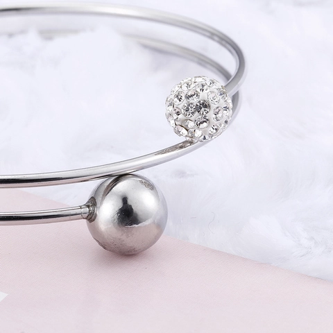 Titaniumstalen Dubbele Ring Open Armring Voor Dames Strass Geplaveide Bal En Gladde Kraal Koreaanse Eenvoudige Sieraden