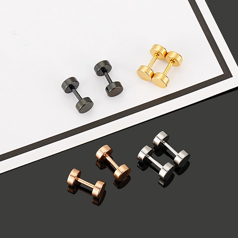Mini Barbell Stud Earrings Stainless Steel Screw Thread Cartilage Piercing Jewelry Minimalist Punk Style For Men Women
