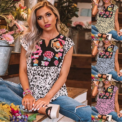 Women Polyester Leopard Print T-Shirt V-Neck Embroidered Floral Patchwork Short Sleeve Loose Casual Bohemian Summer Top