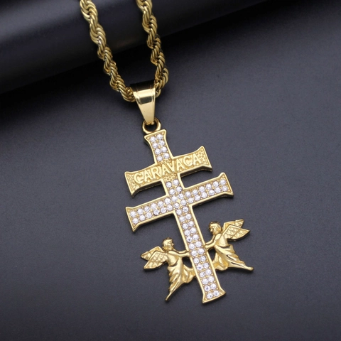 Collana Con Pendente Croce Caravaca Angelo Hip Hop Acciaio Inossidabile Gioielli Con Strass Per Uomo Donna