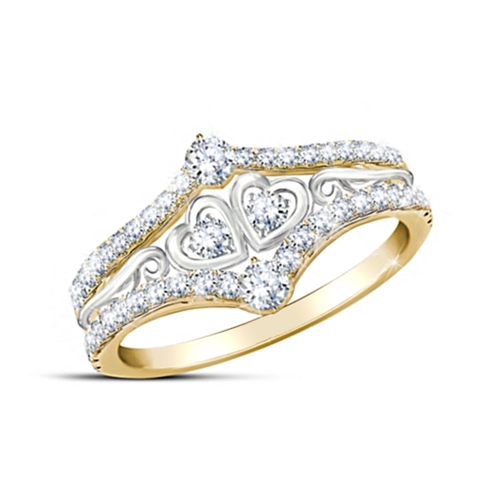 Two-Tone Alloy Double Heart Ring With White Rhinestones Romantic Wedding Jewelry For Women Geometric Micro Pave Sparkle