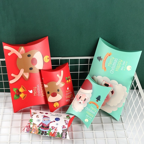 Scatole Regalo Di Natale Caramelle Cartone Forma Cuscino Motivo Renna Babbo Natale Imballaggio Festa Scatola Dolci
