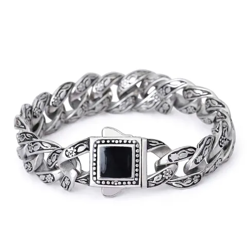 Pulsera De Eslabones Cubanos Retro Para Hombre De Acero Inoxidable Con Patrón Floral Resina Negra Joyería Punk Gótica