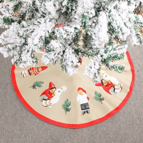 Christmas Tree Skirt Round Short Plush Fabric Red Piping Cartoon Prints Nordic Style Holiday Party Home Floor Decor