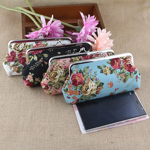 Damen Vintage Segeltuch Rose Floral Münzbeutel Bügelverschluss Metallrahmen Lange Geldbörse Student Federmäppchen Makeup Tasche