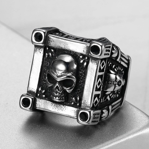 Gothic Skull Head Ring Stainless Steel Square Face With Black Stones Vintage Punk Rock For Men