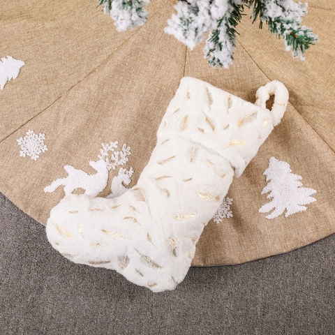 Calza Di Natale In Pelliccia Sintetica Bianca Con Motivo A Piuma Dorata Sacchetto Regalo Decorazione Albero