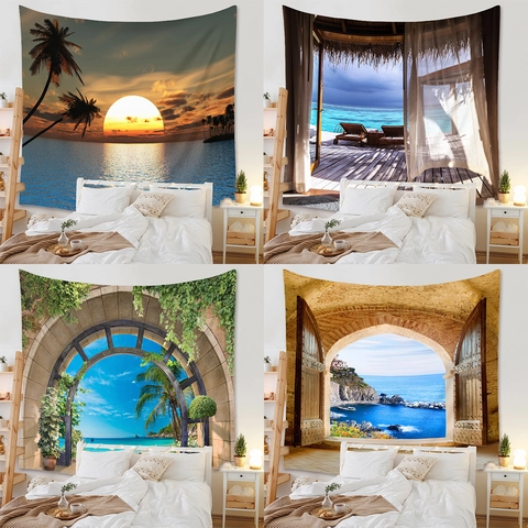 Arazzo Da Parete Poliestere Paesaggio 3D Spiaggia Tramonto Vista Finestra Tessuto Appeso Decorazione Per Casa Stanza
