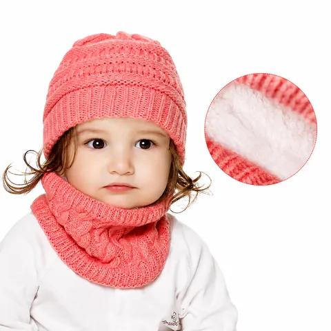 Baby Winter Knitted Hat And Scarf Set Thickened Fleece Lining Striped Cable Knit Warm Beanie Cap For Toddlers Boys Girls