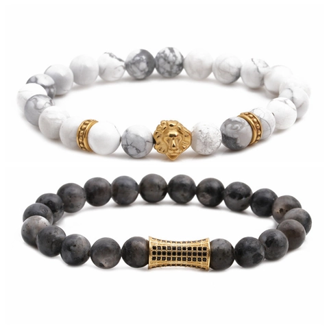 Lion Head And Bar Charm Beaded Bracelet Natural Howlite Labradorite Stone Men Jewelry
