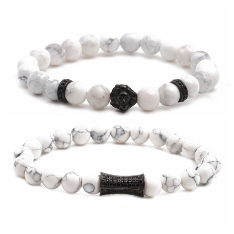 Howlite Stone Beaded Bracelet And Lion Head Zircon Cylinder Jewelry For Men
