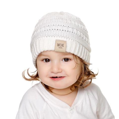 Baby Knitted Beanie Hat Winter Warm Fleece Lined Infant Toddler Soft Acrylic Cap Colorful Leather Label