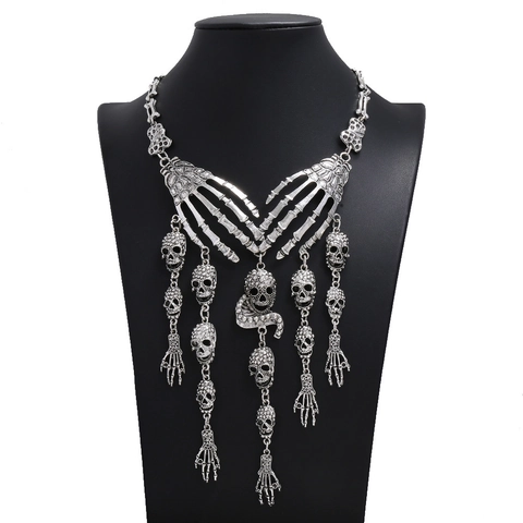 Gothic Skeleton Hand Skull Head Necklace Alloy Rhinestone Vintage Punk Halloween Jewelry For Women Statement Fringe