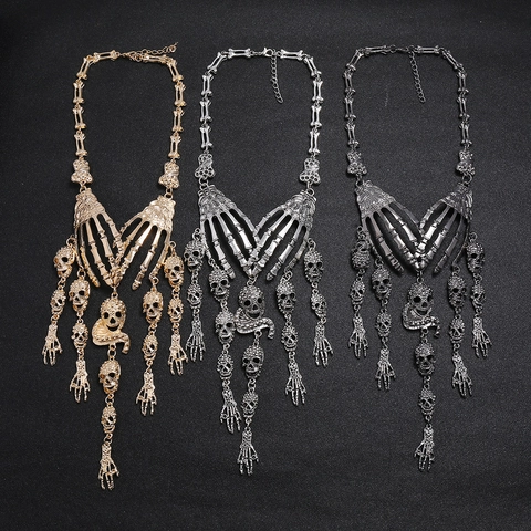 Gothic Skeleton Hand Skull Head Necklace Alloy Rhinestone Vintage Punk Halloween Jewelry For Women Statement Fringe