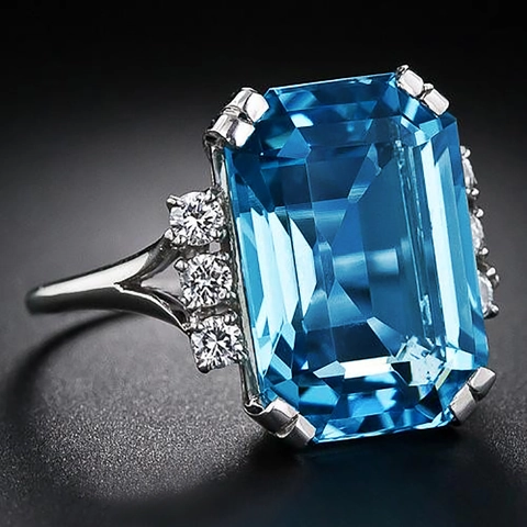 Smaragdgeslepen Blauwe Zirkoon Ring Koper Rechthoekige Statement Bruiloft Sieraden Voor Dames