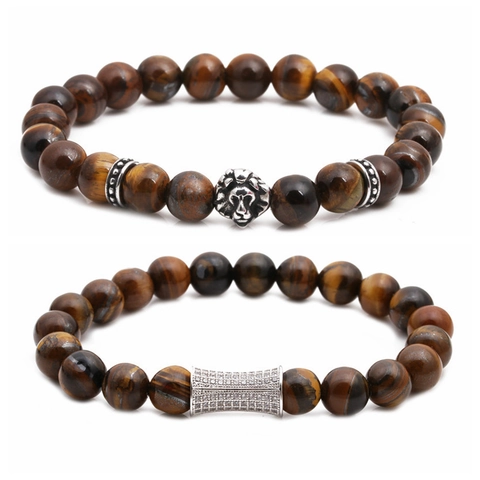 Tigerauge Stein Perlenarmbänder Mit Edelstahl Löwenkopf Kupfer Zirkon Rohr Punk Hip Hop Schmuck Herren Damen