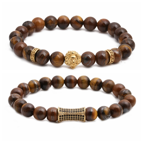 Tigerauge Stein Perlenarmbänder Mit Edelstahl Löwenkopf Kupfer Zirkon Rohr Punk Hip Hop Schmuck Herren Damen
