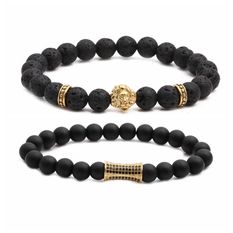 Men Beaded Bracelet Volcanic Lava Rock Matte Stone Stainless Steel Lion Head Copper Micro Pave Zirconia Gothic Punk