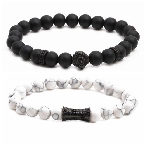 Lion Head Beaded Bracelet White Turquoise Matte Stone Copper Zircon Elastic Men Jewelry