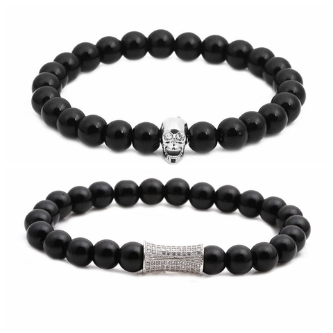 Beaded Bracelet And Skull Charm Bracelet Natural Stone Micro Pave Zirconia Hip Hop Trendy Jewelry For Men