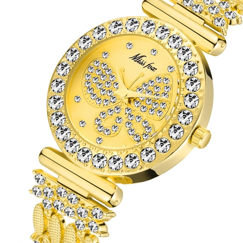 Women Luxury Quartz Watch Butterfly Pattern Dial Rhinestone Inlaid Alloy Strap Waterproof Fashion Wristwatch
