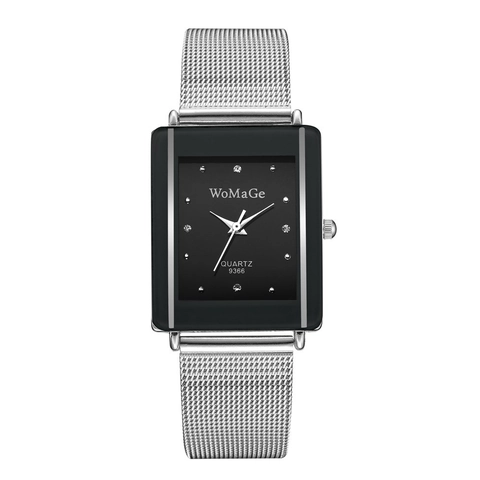 Orologio Al Quarzo Rettangolare Moda Minimalista Donne Cinturino In Maglia Acciaio Inossidabile Argento Quadrante Strass