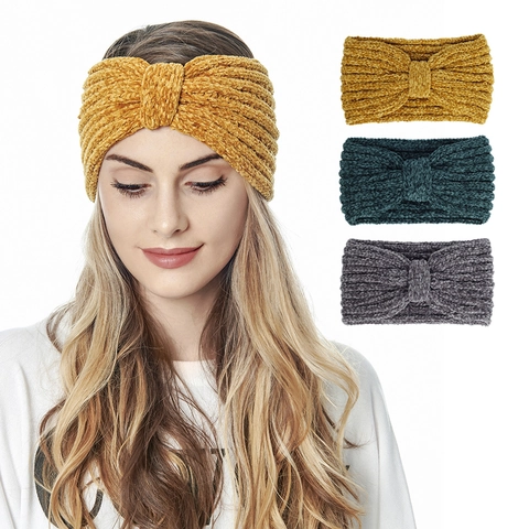 Women Knitted Headband Chenille Soft Yarn Ear Warmer Twist Knot Elastic Hair Band Autumn Winter Solid Color Accessory