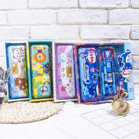Juego De Papelería Infantil Con Dibujos De Animales Que Incluye Estuche De Hojalata Lápices De Madera Regla Goma De Borrar