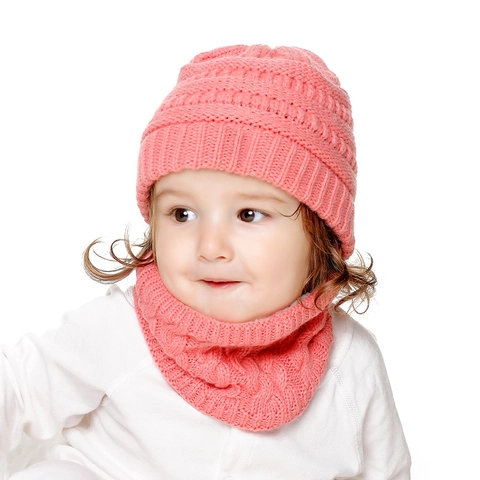 Baby Zuigeling Winter Warme Gebreide Muts en Sjaal Fleece Gevoerd Dikke Kabelpatroon Beanie Cap Halswarmer Voor Jongens Meisjes