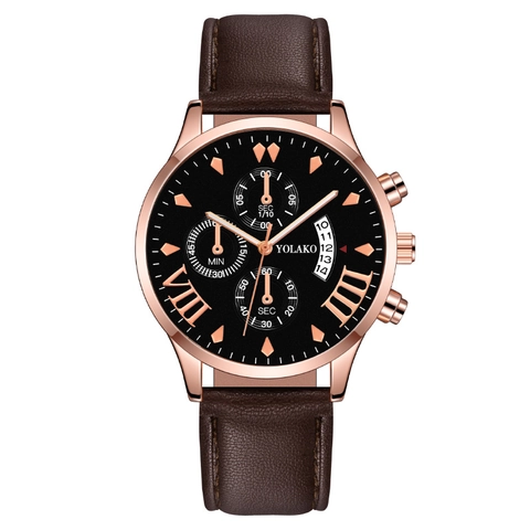 Montre À Quartz Pour Hommes Boîtier En Alliage Bracelet En Cuir Style Chronographe Sous-Cadrans Chiffres Romains Calendrier