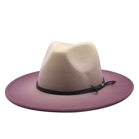 Vintage Fedora Hut Wollfilz Farbverlauf Breitkrempiger Jazzhut Mit Geflochtener Seildekoration Für Herren Damen
