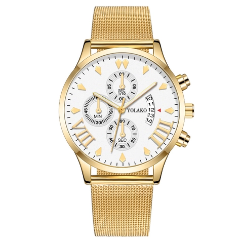 Men Watch Stainless Steel Mesh Strap Alloy Case Chronograph Date Display Fashion Business Quartz Wristwatch