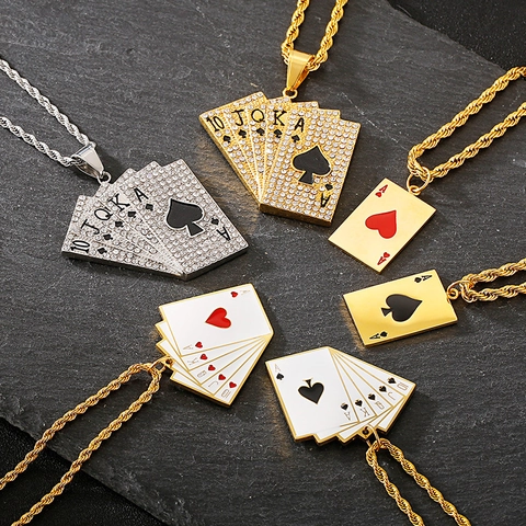 Poker Pendant Necklace Hip Hop Titanium Steel Royal Flush Ace Of Spades Rhinestone Enamel Jewelry For Men Women