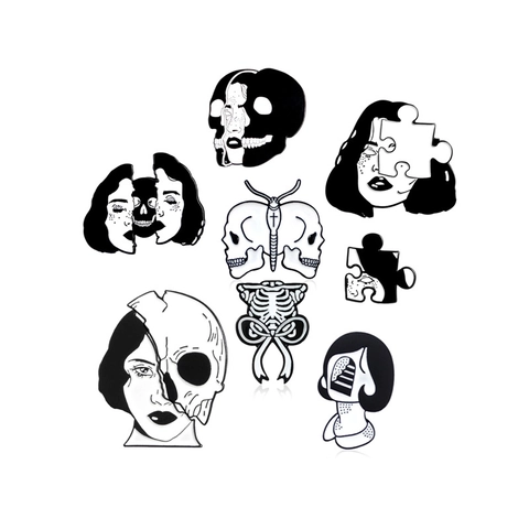 Gothic Enamel Pins Alloy Black White Skull Face Puzzle Surrealist Art Brooches For Clothes Bags Punk Style