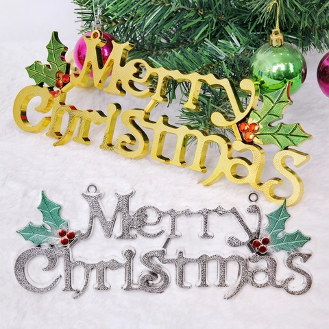 Merry Christmas Hanging Sign Electroplated Plastic Letters Ornament With Holly Leaves And Berries For Xmas Tree Decor