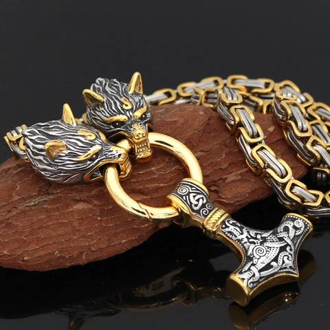 Collana Pendente Martello Di Thor Vichingo Mjölnir Acciaio Inossidabile Doppia Testa Di Lupo Catena Bizantina Gioielli Retro Uomo