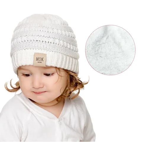 Baby Knitted Beanie Hat Winter Warm Fleece Lined Infant Toddler Soft Acrylic Cap Colorful Leather Label