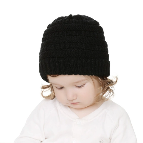 Baby Kids Knitted Beanie Soft Warm Winter Hat Solid Color Striped Crochet Cap For Infants Toddlers