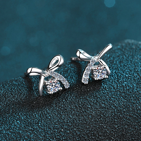 S925 Sterling Zilveren Strik Oorknopjes Voor Vrouwen Moissaniet Zirconia Ingelegd Verguld Elegante Strik Sieraden