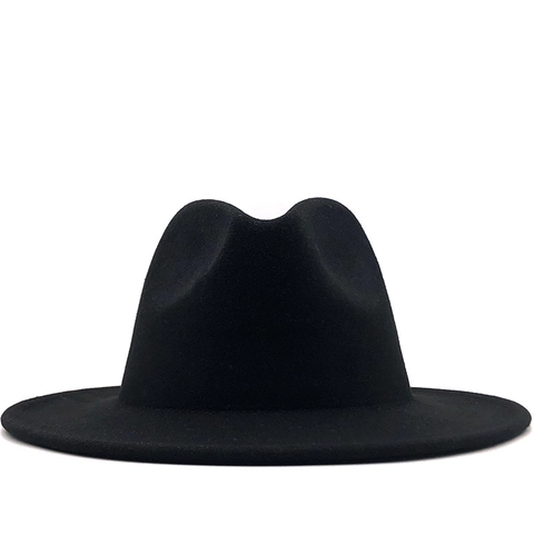 Woolen Felt Fedora Hat Contrast Color Black White Wide Flat Brim Jazz Cap For Men Women