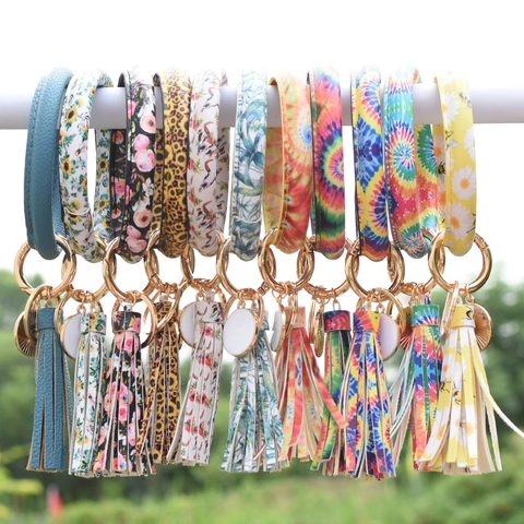 Porte-clés de Poignet en Cuir Artificiel Avec Gland Alliage O-Ring Bracelet Porte-clés pour Femme Tournesol Léopard Bijoux
