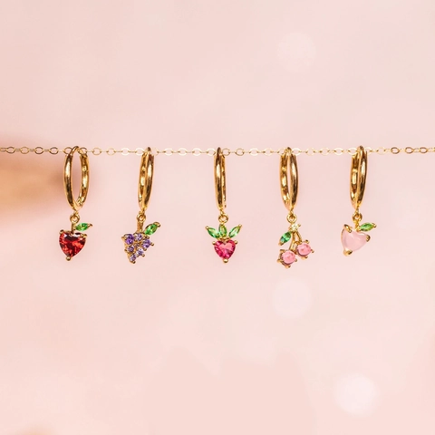 Fashion Brass Zirconia Fruit Drop Hoop Earrings For Women Gold Plated Colorful Cherry Strawberry Grape Pineapple Ear Jewelry