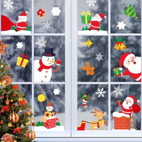 Christmas Window Static Stickers Reusable PVC Cling Snowflakes Santa Claus Reindeer Glass Door Party Home Decoration