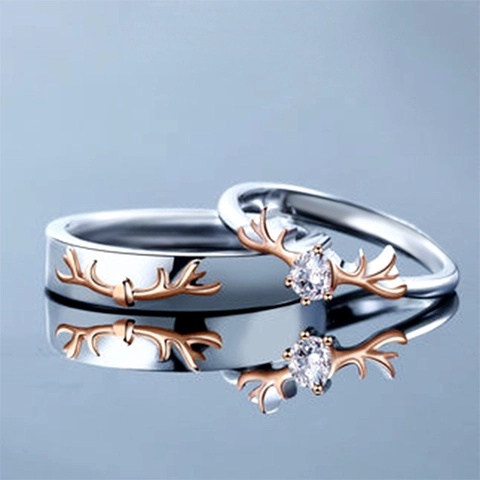 Hirschgeweih Pärchen Ringe Kupfer Zirkonia Zweifarbig Silber Roségold Minimalistischer Schmuck Für Liebhaber